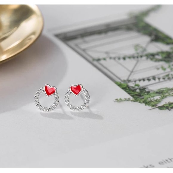 14k Gold Dainty Heart Stud Earrings Sterling Silver - Picture 2 of 8